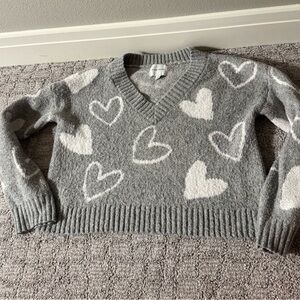 Pink Rose Gray V-Neck Sweater with White Hearts